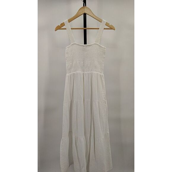 Quince Womens 100% Organic Cotton Gauze Smocked Sleeveless Maxi Dress White XS - Picture 2 of 2